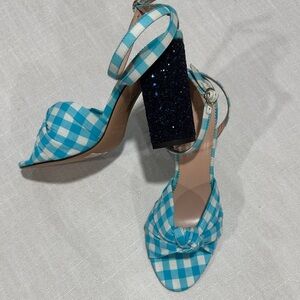 J. Crew Turquoise Gingham Heels with Ankle Strap
